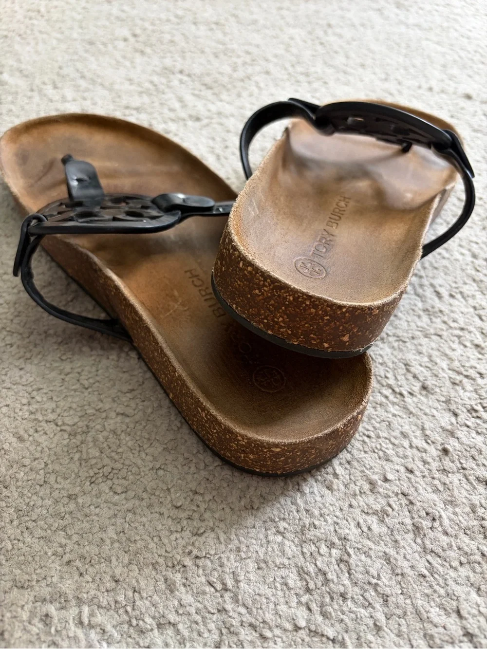Tory Burch Miller Cloud Black Patent Leather Sz 8 Sandal w/ Brown Cork Footbed